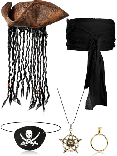 Sintege 5 Pieces Halloween Pirate Costume Set, Pirate Hat with Dreadlocks Earrings Skull Necklace Eye Patch Large Sash for Men Women(Black)