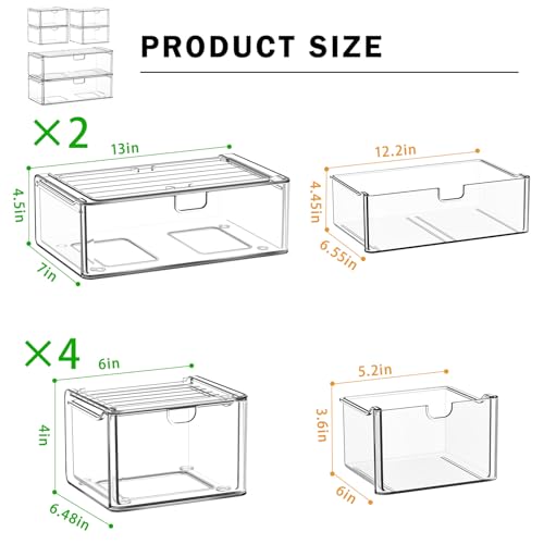 Image of caktraie Acrylic Stackable Storage Drawers Set of 6, Clear Plastic Storage Drawer Organzier, Storage Organizer, Makeup Organizer,Ideal for Vanity, Bathroom,Cabinet,Pantry Organization