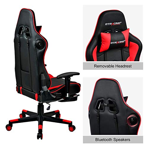 GTRACING Gaming Chair with Footrest and Bluetooth Speakers Music Video Game Chair【Patented Design】 Heavy Duty Ergonomic Computer Office Desk Chair Red