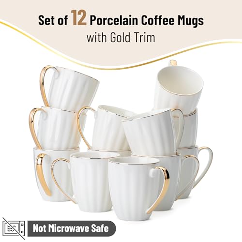 BTaT- White Coffee Mugs with Gold Rim, Set of 12, 12oz, Porcelain Coffee Mugs for Coffee Mug Set, Christmas Gifts