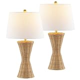 JONATHAN Y 27' Natural Woven Rattan Hourglass Table Lamp Coastal Geometric Wicker Bedside Lamp for Living Room Bedroom with White Fabric Shade Set of 2 LED Bulbs Included JYL4048A-SET2