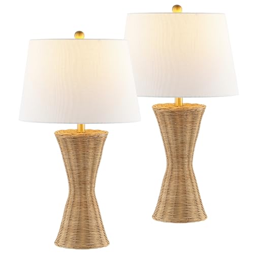 JONATHAN Y 27" Natural Woven Rattan Hourglass Table Lamp Coastal Geometric Wicker Bedside Lamp for Living Room Bedroom with White Fabric Shade Set of 2 LED Bulbs Included JYL4048A-SET2