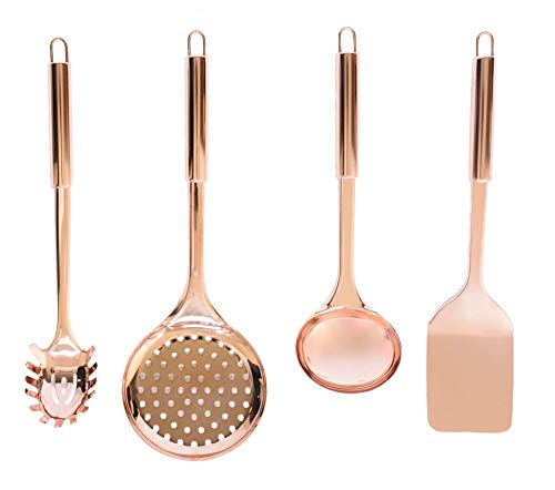 Copper Cooking Kitchen Utensils Set – 4 Piece Rose Gold Metal Serving Utensils, Gifts for Mom & Mothers Day