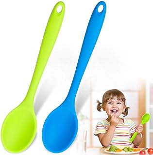 2 Pieces Silicone Serving Spoon Nonstick Mixing Slotted Small Spoons Kitchen Spoon Stirring Spoon for Kitchen Cooking Baking Stirring Tools (Blue and Green)