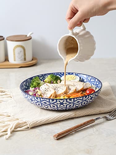 Selamica 740 ml Pasta Plate, Porcelain Salad Bowl, Set of 6, Deep Soup Bowls, Deep Plates for Spaghetti, Pasta, Soup, Microwave and Dishwasher Safe, Stackable, Vintage Blue