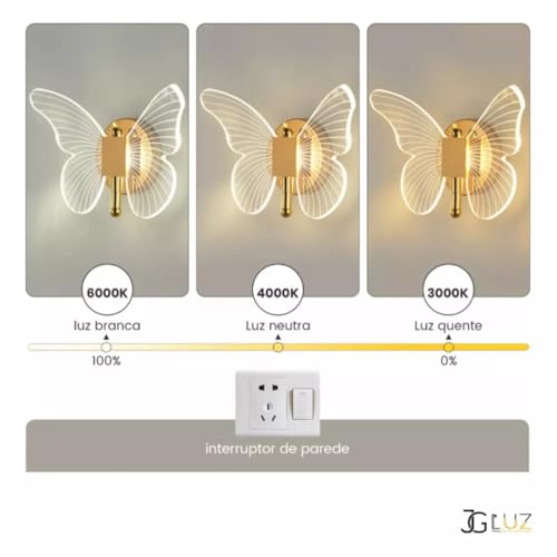 Luminária Arandela Dourada Borboleta Led 7w Parede 3 Cores