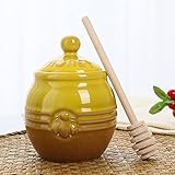 Kosmeey 12oz Ceramic Honey Jar with Wooden Dipper Stick-Honey Pot with Dipper, Yellow Honey Dispenser, Farmhouse Kitchen Great Bee Decor, Porcelain Honey Jar Easy to Clean for Mother's Day Wife Gift