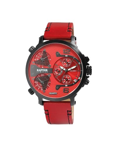 Raptor Limited Herren Armbanduhr Leder – 3 Zeitzonen, 24h Anzeige, Tachymeter, Datum & Wochentag – Analog Uhr für Männer, Business & Freizeit (Rot/Schwarz)