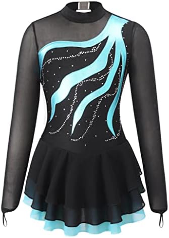 TSSOE Kids Girls Long Sleeve Sequins Printing Ice Roller Figure Skating Dress Illusion Ballet Dancewear A01 8 Years