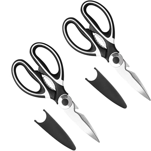 NTEK 2 Pcs Kitchen Scissors, Stainless Steel Kitchen Shear with Cover, Kitchen Scissors Heavy Duty Meat Scissors, Sharp Cooking Scissors for Meat Chicken Fish Nut Vegetable Herb, Bottle Opener