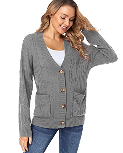 Fuinloth Women's Cardigan Sweater, Oversized Chunky Knit Button Closure With Pockets Dark Gray Large #TOP2