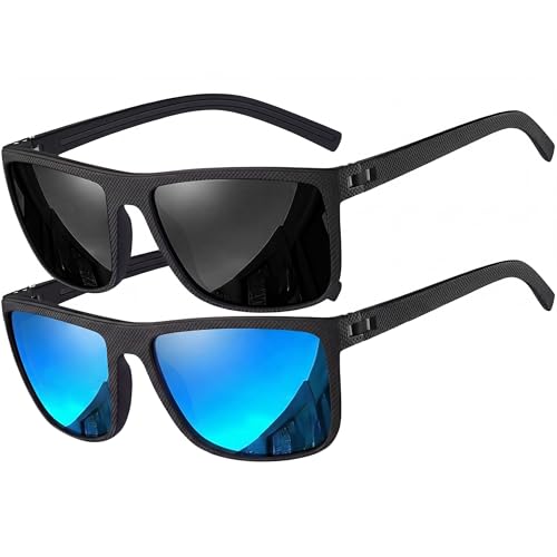 Image of grinderPUNCH Polarized Square Sunglasses for Men Black Designer Polarized Sunglasses Trendy Shades Sunglasses For Men UV 400 (2 Pack Black & Blue)