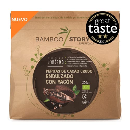 BAMBOO STORY | Nibs Cacao CRUDOS Endulzado con Jarabe YACÓN | Criollo | Puntas | 150g | Yacón=Boniato Peruano= muy saludable)