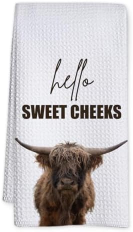 Highland cow bathroom decor hand towels, farmhouse bathroom decor towel, Western home decoration Hello Sweet Cheeks Farmhouse Cow Decorative Hand Towels, highland cow decor gifts, Set of 1 -A06