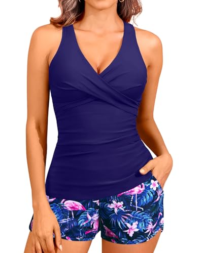 Women Flamingo Tankini Swimsuits with Shorts - Two Piece Tummy Control Bathing Suits Top with Two Pockets Bottom Swimwear L