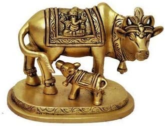 Maa Padma Farms Astadhatu (8 Metals) Made Kamdhenu Cow Idol/Kamdhenu Cow Brass Idol with Lakshmi & Ganesh/Kamdhenu Cow Sculpture with All Devtas- Vrindavan (5 cm)