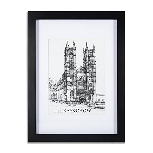 Ray & Chow A4 Black Matted Picture Frame - Made to Display Pictures 6x8 inches with Mat or A4 (8.3x11.7 inches) without Mat- Solid Wood- Glass Window- With Stand or Wall Hanging