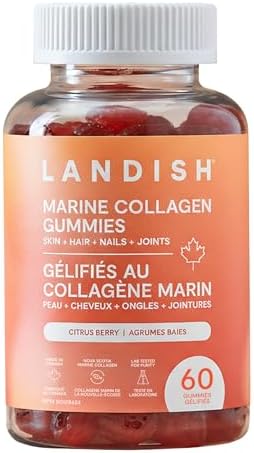 Landish Marine Collagen Gummies – Wild Canadian Marine Collagen, Vitamin C, Magnesium, Zinc & Biotin – Skin, Hair, Nails & Joint Support – No Artificial Colours or Flavours – Made in Canada – 60 Gummies