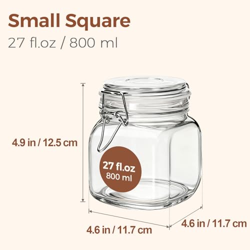 Image of ComSaf Square Glass Pickling Jars 27 oz 6 Pack with Airtight Lids Pantry | Six matching canisters with labels, 3.3-inch wide mouth for pickles, sugar, dry herbs, coffee, tea, snacks and jam storage