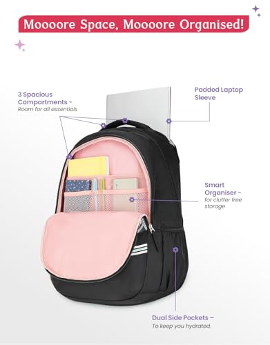 Image of Genie Petalis School Backpack For Girls |19 Inch-40 Litres With Laptop Sleeve, Rain cover, Three Compartments, |Best for Books, Water Bottles, Stationery, Laptop, Lunch Box & Essentials - Black