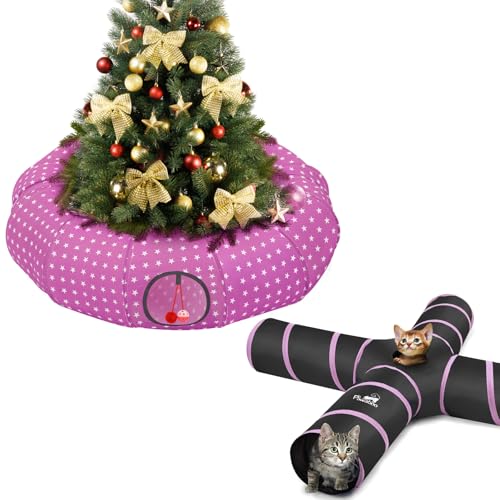 Image of Pawaboo Cat Tunnel Bed Under Christmas Tree 35.4'', Decorative Christmas Style Kitty Tube Tunnel with Toy Ball, Christmas Cat Toy Circle Tunnel, Deep Pink