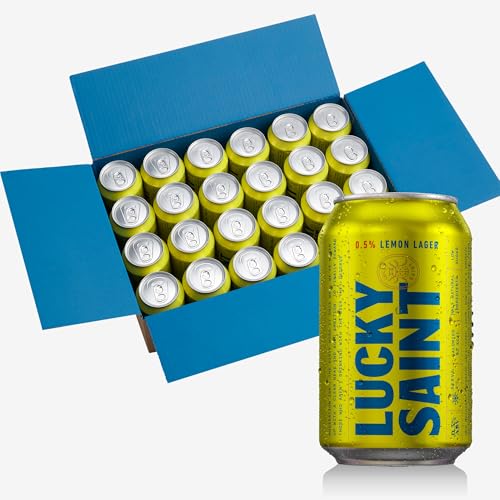 LUCKY SAINT Lemon Lager Case of 24 x 330ml | Alcohol Free Beer 0.5% ABV Low Sugar 80 Kcals All Natural Ingredients