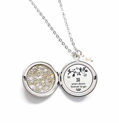 Ten Years Wedding Anniversary Gift for Her 10th Years Down and Forever to go Long Locket Necklace,Hidden Message Necklace,Anniversary Gift For Wife or Girlfriend