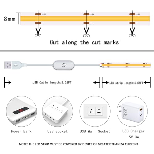 Tira de luces LED blanca y cálida 5V USB 6.56ft 2PCS miniatura 6