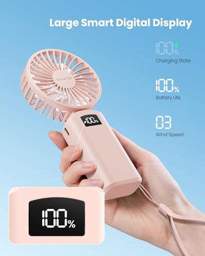 Image of Gaiatop Powerful Hand Fan, Portable Personal Fan Handheld Fan, 3 Speed Foldable Desk Fan with Digital Display, 2000mAh USB Rechargeable Fan for Indoor Outdoor