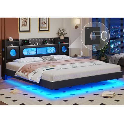 Floating Bed Frame,King Size Bed Frame with Storage Headboard &...