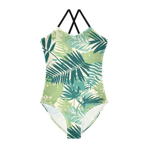 Tropical Palm Leaves Fern Leaf Kids Girls 1 Piece Bathing Suit Beach Swimming Suits with Adjustable Straps Quick-Dry