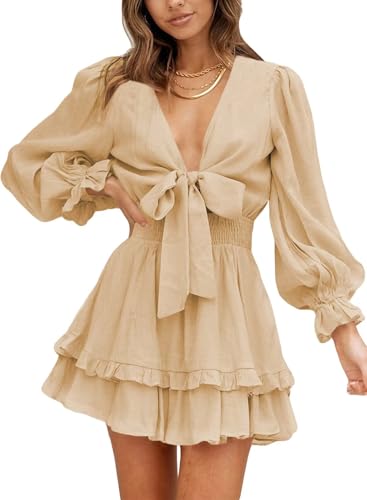 Image of Dokotoo Womens Casual Spring Fall 2025 Deep V Neck Knotted Tiered Chiffon Elegant Mini Short Swing Skater Dresses