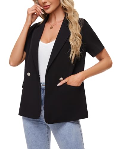 MINTLIMIT Blazers for Women Button Pockets Notch Lapel Blazer Jacket Lightweight Short Sleeve Suit Jacket for Daily/Work,Black,S2