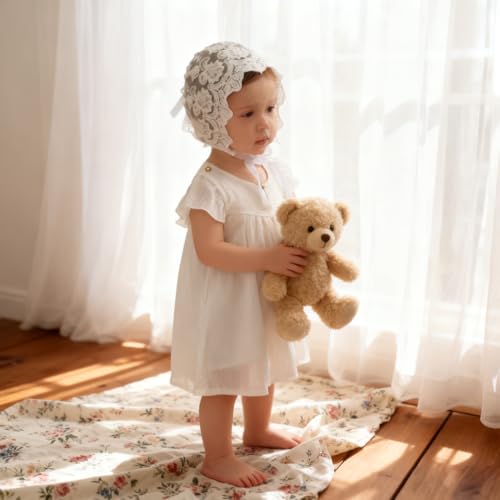 Image of Baby Bonnet for Baby Girl - Eyelet Lace Cotton Christening Baptism Sun Hat with Adjustable Chin Strap, White Infant Bonnet for Photo Shoot