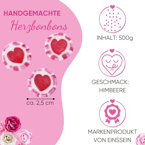 EinsSein Herzbonbons pink-rosa-weiss | 500g handgemachte Rocks Bonbons | Gastgeschenke Hochzeit Taufe Valentinstag Muttertag Kommunion auch als essbare Tischdeko | Großpackung Süßigkeiten