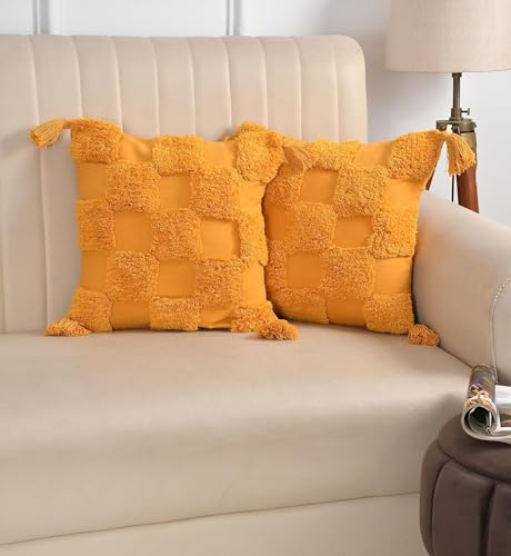 Image of Furnistitchs Premium Decorative Throw Cushion Pillow Cover Boho Home Decor - Living Room Bedroom Couch Sofa Cushion Covers 16 inch x 16 inch (2, Mustard Checks)