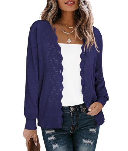 LILBETTER Women's Button Down V Neck Knitwear Long Sleeve Basic Knit Soft Cardigan Sweater(Navy Blue Medium)
