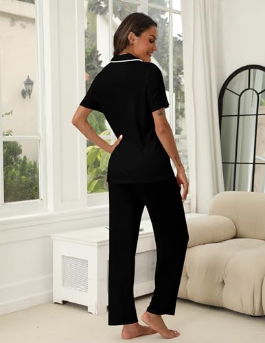 Image of HNG Women Pajamas Set 2 Piece Button Up Pajamas Pant and Short Sleeve Shirt for Woman Pj Sets with Pocket