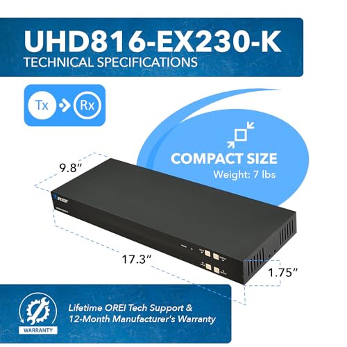 Image of OREI 4K 8x8 HDMI Extender Matrix - UltraHD 4K @ 60Hz 4:4:4 Over Single CAT5e /6 /7 Cable with HDR Switcher & IR Control, RS-232 - Up to 230 Ft - 8 x Loop Out - 8 Receivers Included