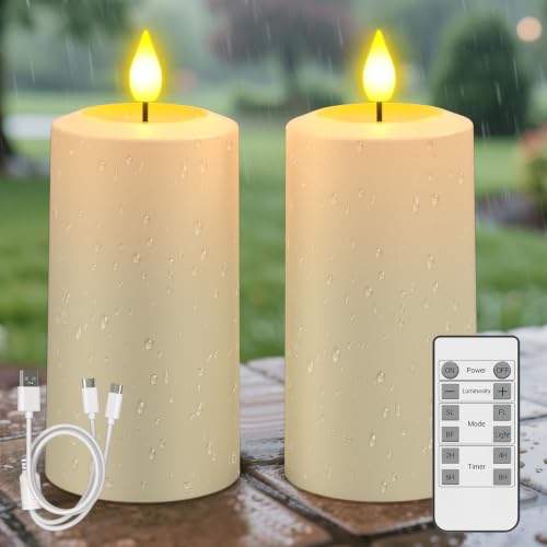 SoulBay LED Kerzen Aufladbar mit Fernbedienung & Timer 2er Set Outdoor Wasserdicht USB-C Wiederaufladbare Elektrische Kerzen Flackernde Flamme LED Stumpenkerzen für Garten Balkon Außen Zimmer Deko
