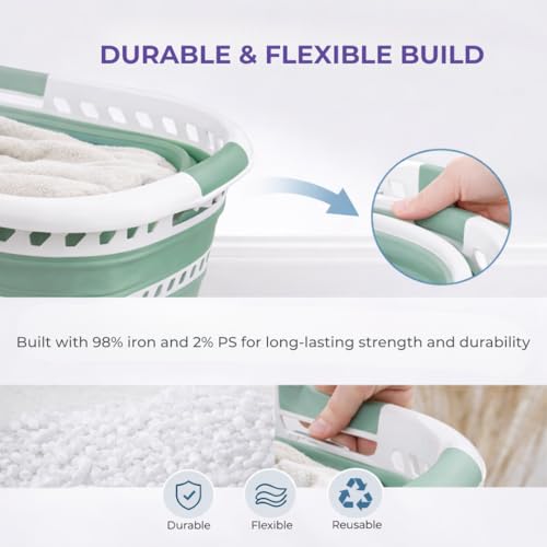 Image of Laundry 360 Collapsible Laundry Basket | Portable | Space Saver Storage | Hold 2 Loads | Store Under the Bed or Closet | Good for Kids | Dorm | Bedroom | Large | White /Sage