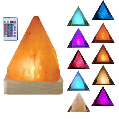YZYOE USB Rainbow Gradient Himalayan Salt lamp, Solid Wood Base Atmosphere Decoration Pyramids Salt Light with Remote Control, Natural Crystal Stone Bedside Night lamp, Handmade Crafts.