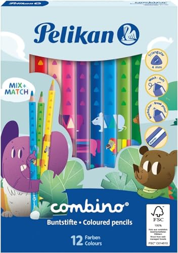 Pelikan Jumbo Buntstifte combino, dreieckig, dick, mit Tier-Motiven, 12 Stück