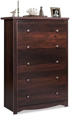 WLIVE Wood Dresser with 5 Drawer, Cabinets Dressers for Bedroom, Chest of Drawers, Organizer Drawers for Living, Hallway, Measuring 15.7" W*31.4" D*45.3" H, Brown