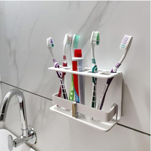 Image of Wall Mounted self Adhesive Acrylic Tooth Brush /Toothpaste Holder /Stand /Tumbler /Toothpaste for Bathroom Stand Organizer Rack for Home (Acrylic Stand) (Bih White)