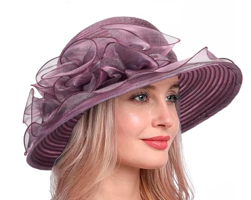 Vintage Organza Bucket Hats for Women Summer Sun Hat Fashion Cloche Bowler Fascinators Dark Purple