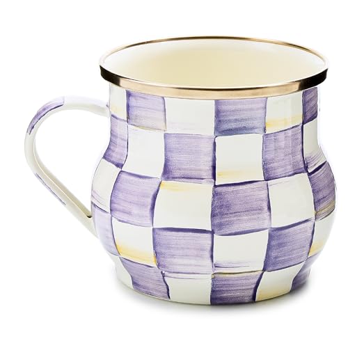 Image of MACKENZIE-CHILDS Enamel Mug, 16 Ounces, Purple-and-White Violet Check