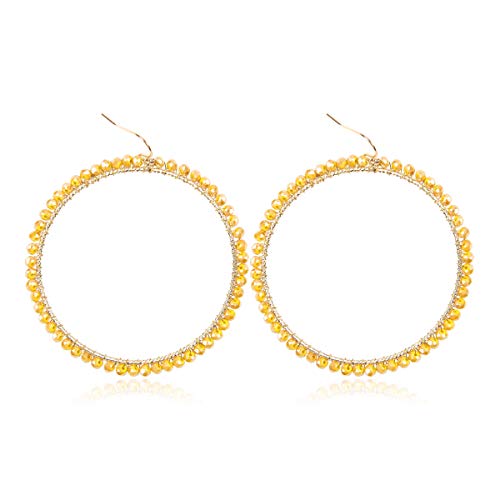 Bohemian Beaded Statement Earrings - Lightweight Sparkly Crystal Geometric Round Dangle Drop, Multi Color Rainbow Circle Hoops (Beaded Hoop Round - Yellow)
