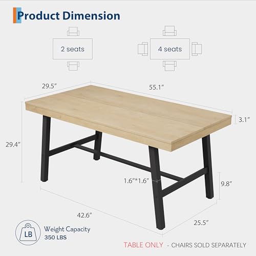 Image of GarveeHome Industrial Dining Table for 2-4, 55 inch Heavy Duty Rectangular Kitchen Table with 2 inchx2 inch Metal Legs, Small Space Dining Table for Kitchen, Dining Room (Natural, 55 inch Non-extendable)