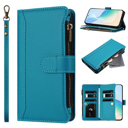 bojioderf Compatible con OnePlus Nord N20 SE/Nord N300,Compatible con OPPO A57 (E) / A57s / A77 / K10 5G / A97 5G Cartera con Cremallera Cuero PU Tapa abatible Soporte Funda magnética Lakeblue